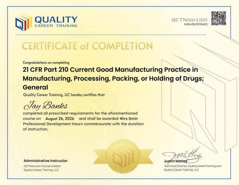 Example Quality Career Training course completion certificate with QR code validation