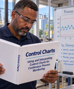 Quality assurance professional reviewing a Control Charts training binder beside a whiteboard illustrating statistical process control, UCL, CL, and LCL