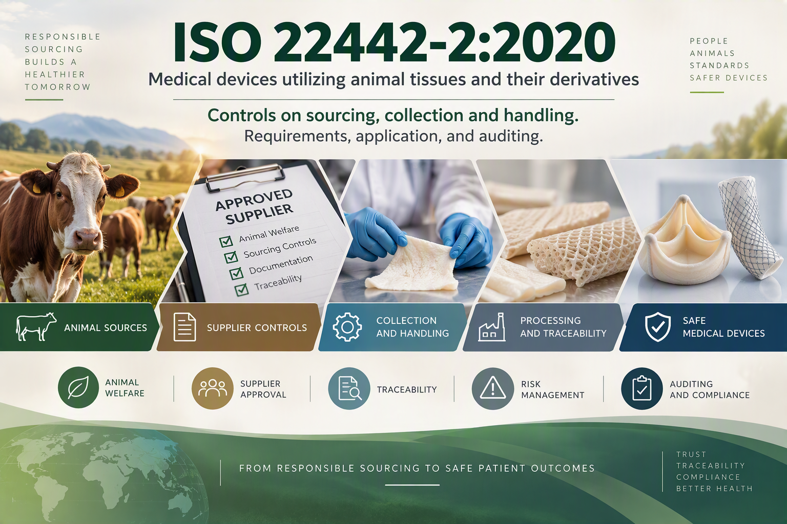 ISO 22442-2-2020 Medical devices utilizing animal tissues and their derivatives - Controls on sourcing, collection and handling. Requirements, application, and auditing. Requirements, application, and auditing.