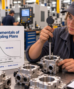 Quality assurance technician using a bore gauge to inspect hydraulic pump housings, with a Fundamentals of Sampling Plans binder displaying an OC curve