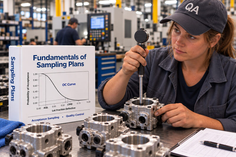 Quality assurance technician using a bore gauge to inspect hydraulic pump housings, with a Fundamentals of Sampling Plans binder displaying an OC curve