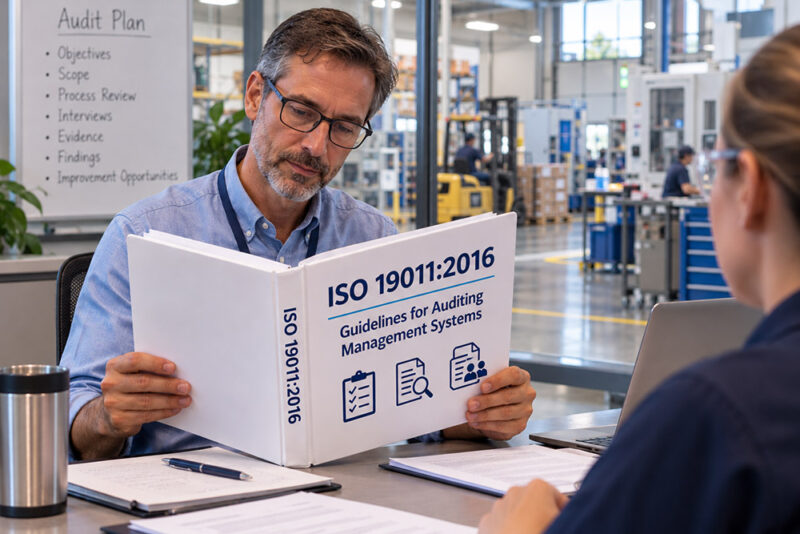 Quality auditor reviewing an ISO 19011:2016 management systems auditing training binder during an audit meeting at a manufacturing facility