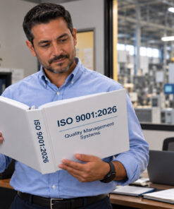 Quality manager reviewing an ISO 9001:2026 quality management systems binder in a manufacturing office