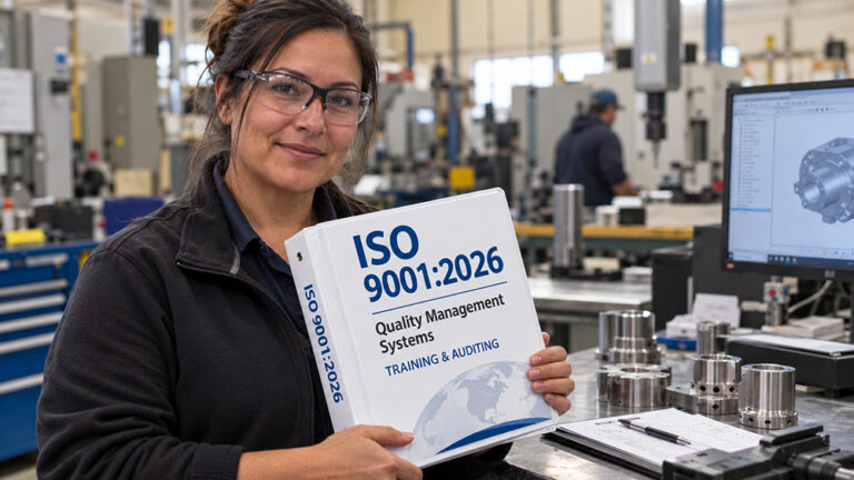 Quality management professional holding an ISO 9001:2026 training binder in a manufacturing quality control facility.