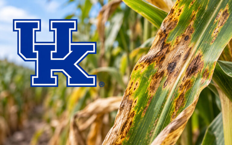 Diseased corn leaf with University of Kentucky logo illustrating laboratory accreditation, plant disease diagnostics, and quality management systems.