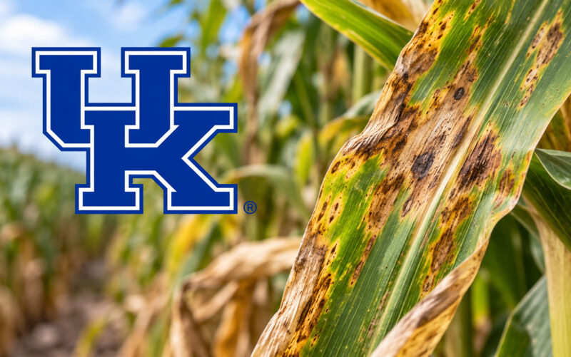 Diseased corn leaf with University of Kentucky logo illustrating laboratory accreditation, plant disease diagnostics, and quality management systems.