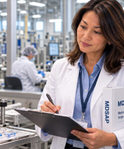 Medical device quality assurance specialist reviewing manufacturing processes with an MDSAP binder under her arm