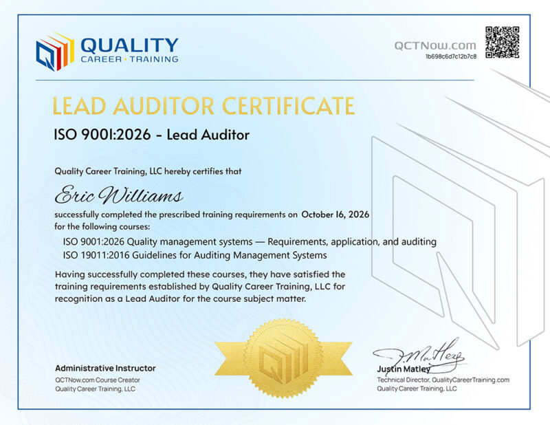 Quality Career Training ISO 9001 Lead Auditor Training Certificate